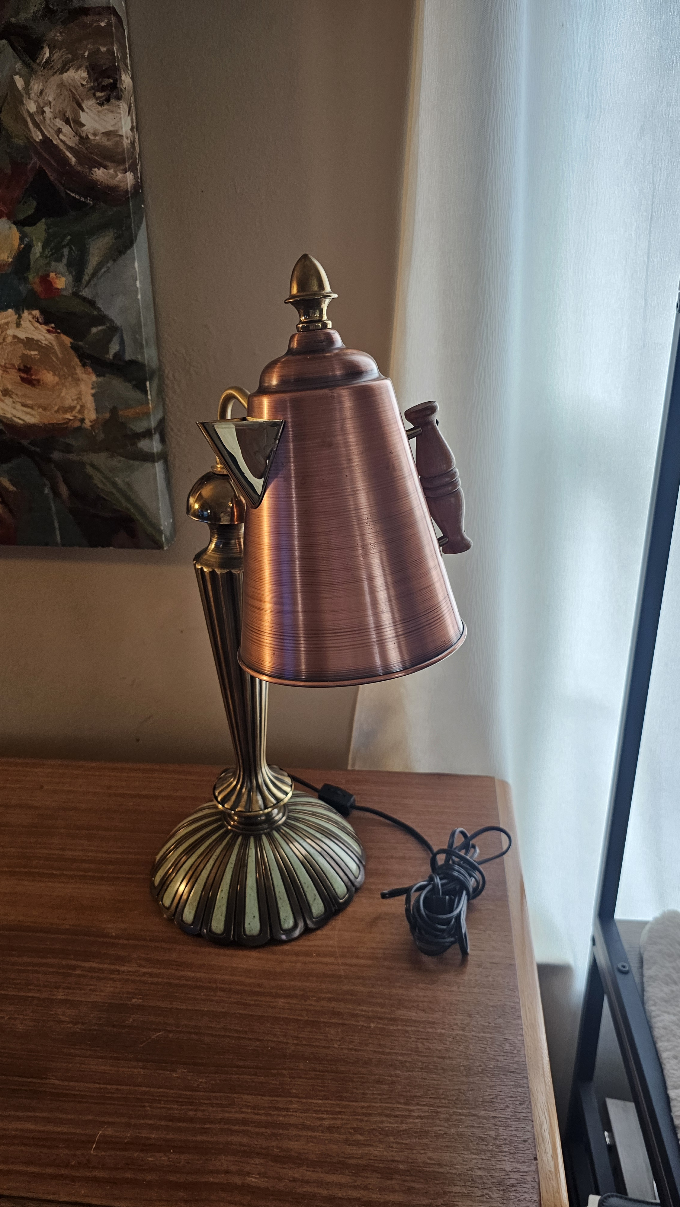 Unique brass lamp with copper kettle lamp shade. 