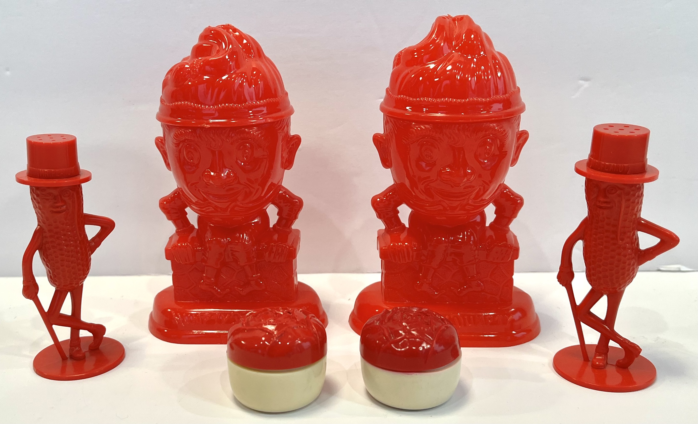 Vintage Anthropomorphic Red Plastic Salt and Pepper Shaker Grouping