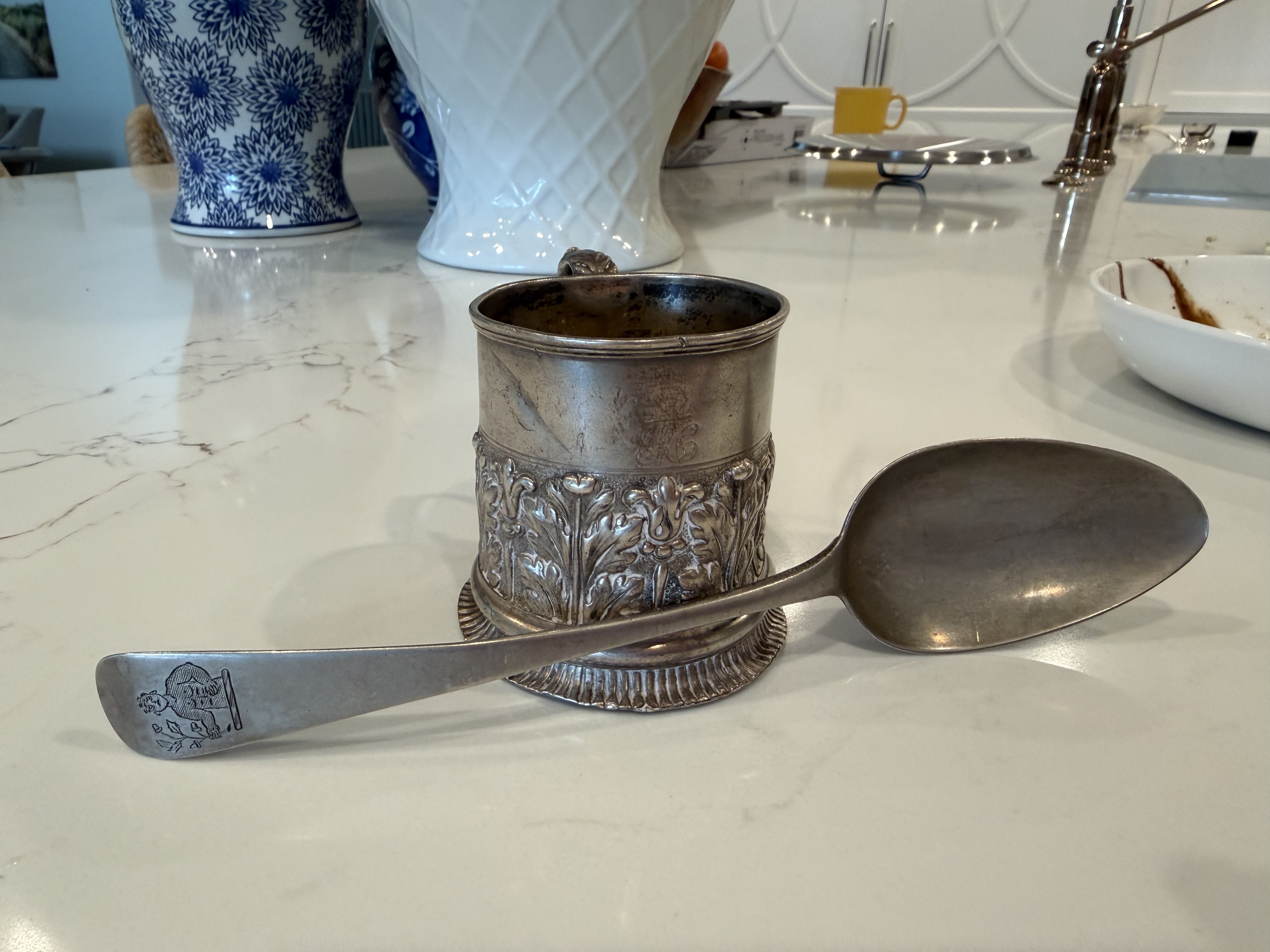 Silver spoon, and christening cup