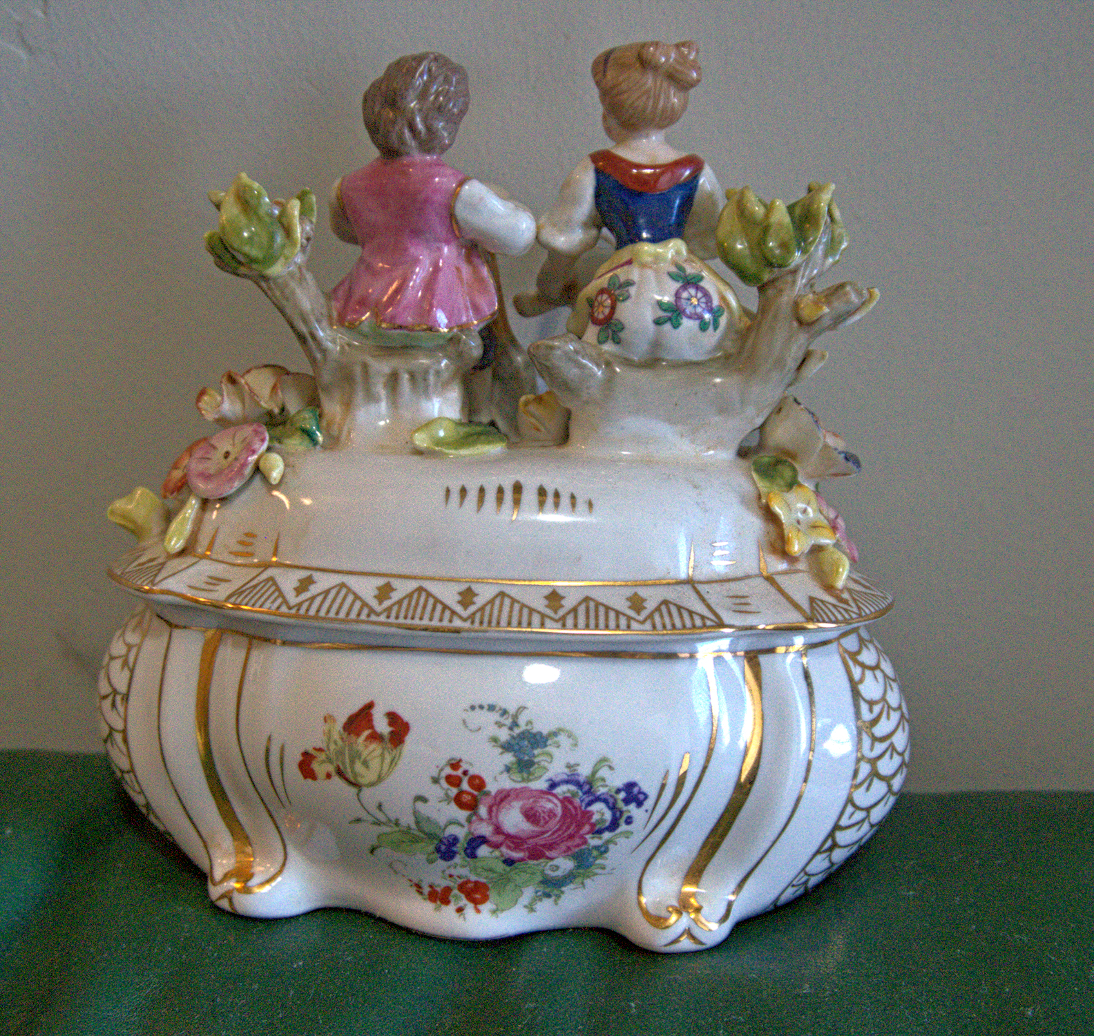 Bohemian Meissen Bowl w/ 2 Figurines & Flowers, ~150 y old, no damage — appraisal value $150 - $250