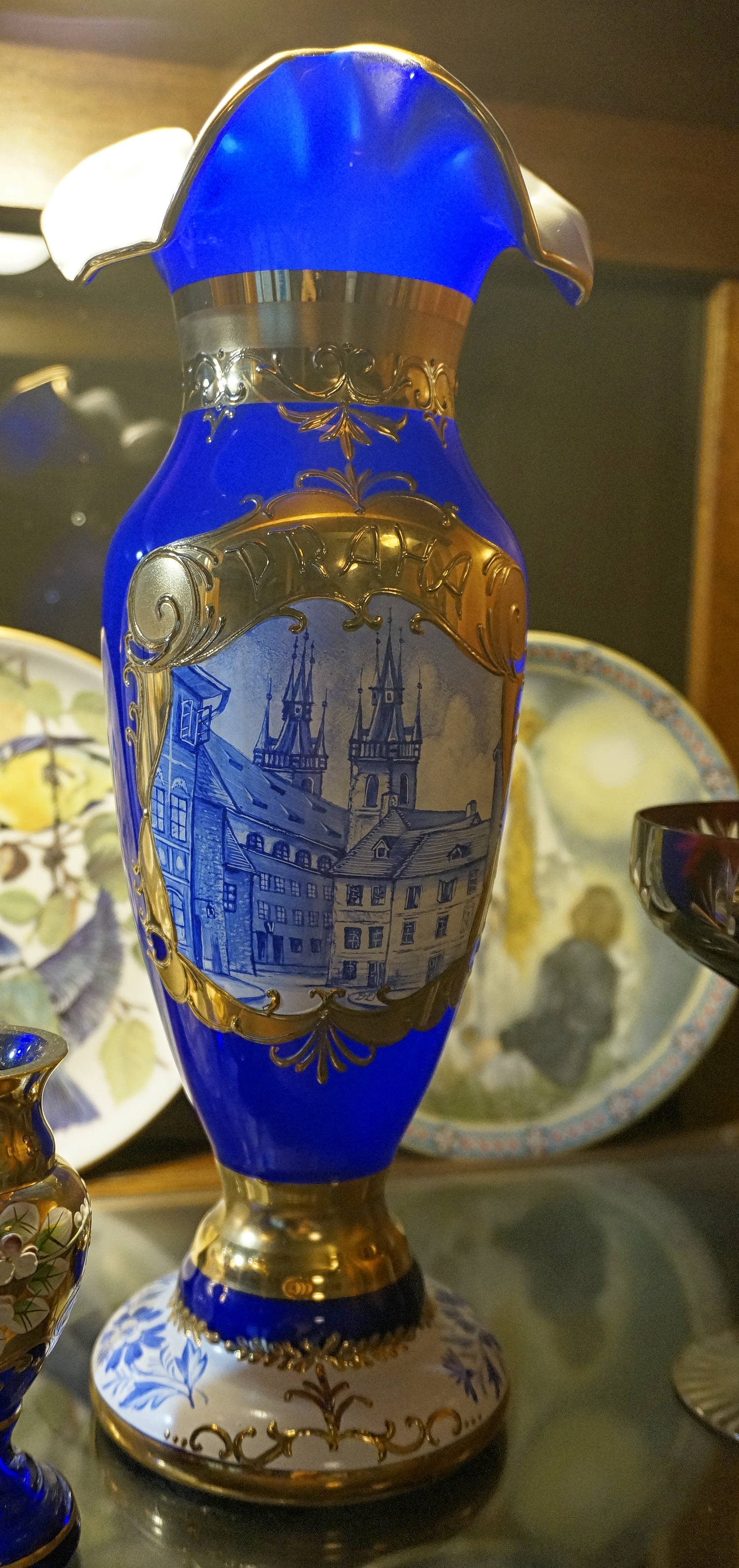 Bohemian (Czech) Vase, limited edition, unique collar, hand painted, trimmed w/ 24 karat gold, mint condition — appraisal value $300 - $500