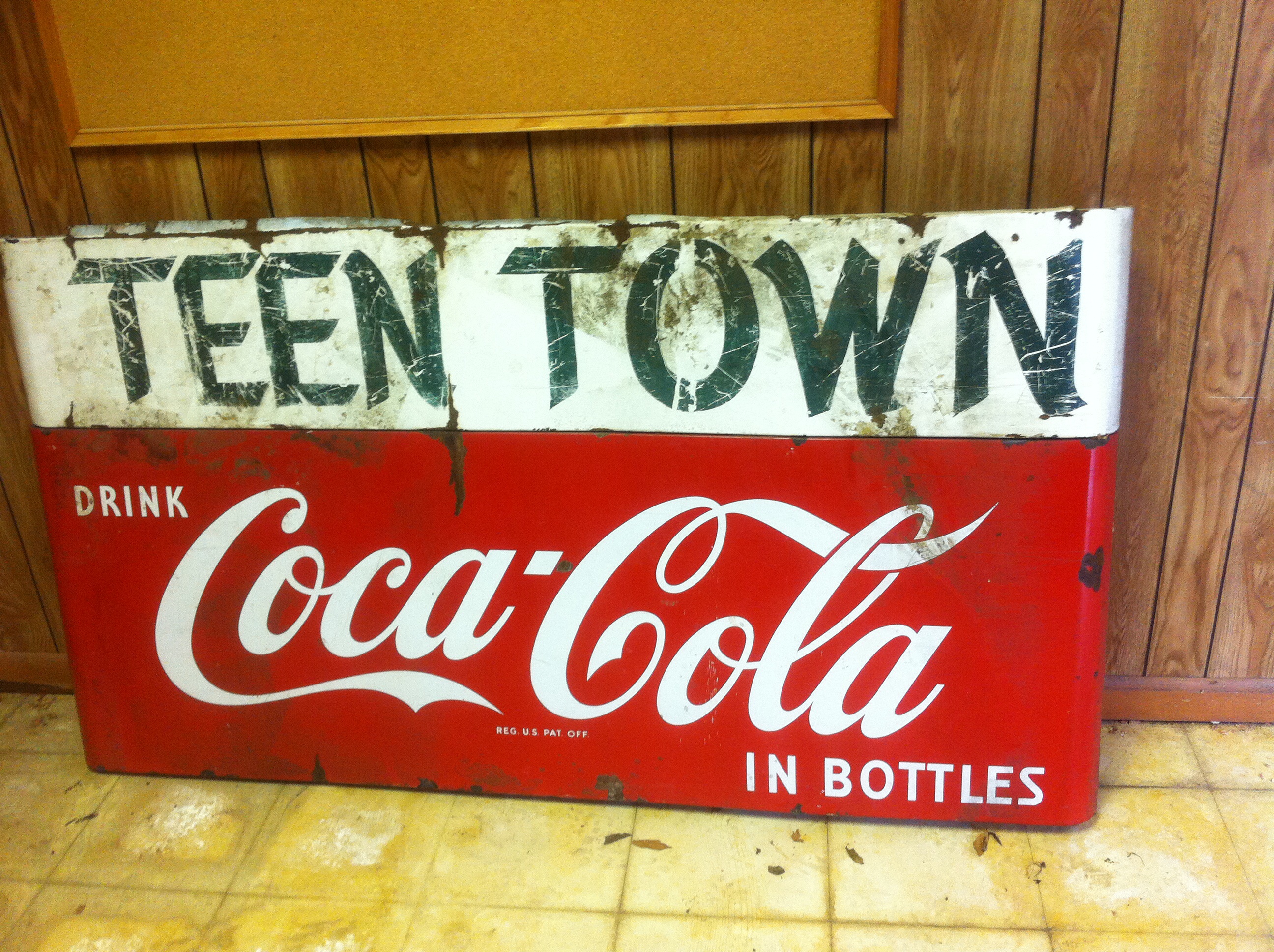 Antique Coca-Cola Large Sign with attached "Teen Town" Banner — appraisal value 