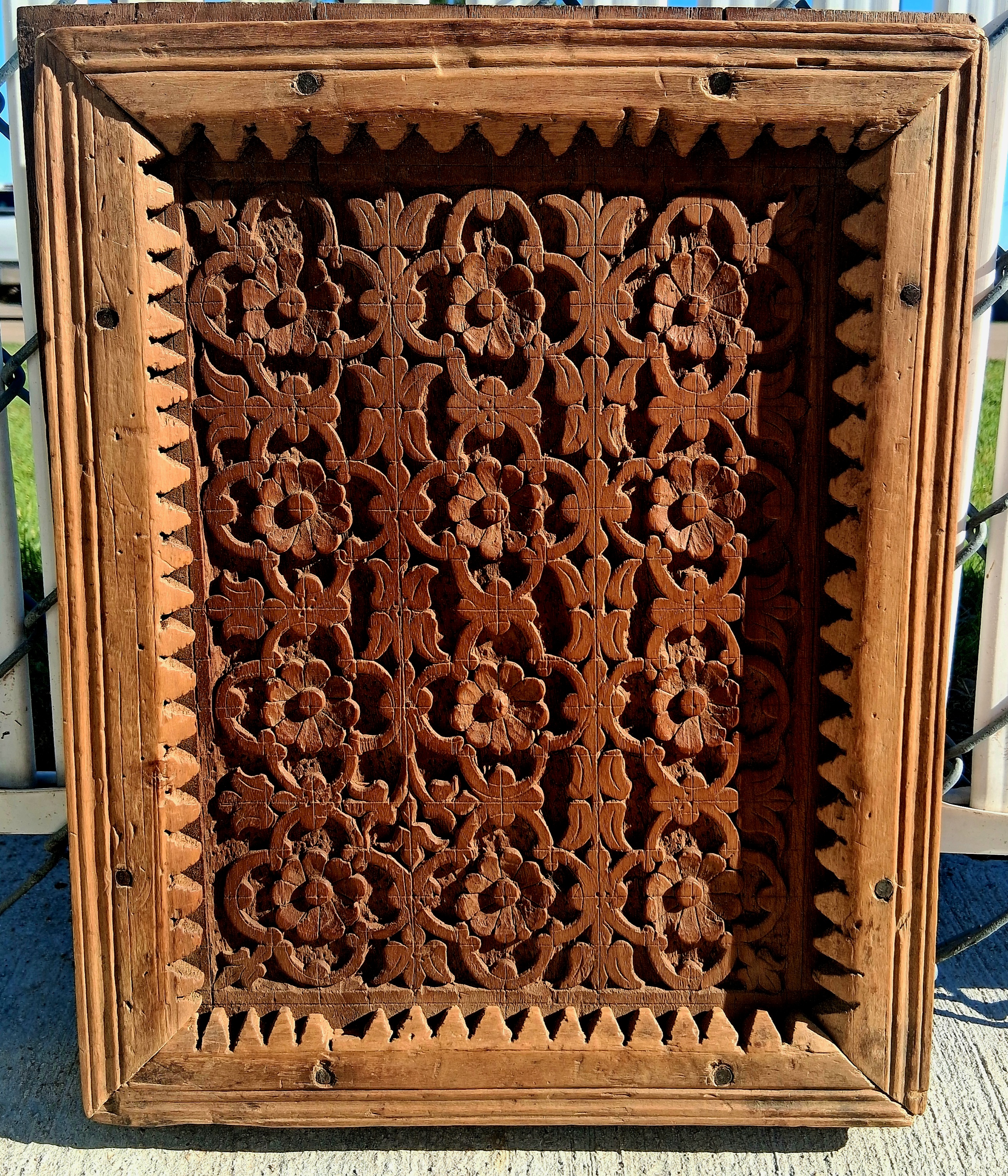 Antique Hand-Carved Brown Wooden Panel Decorative Floral Design