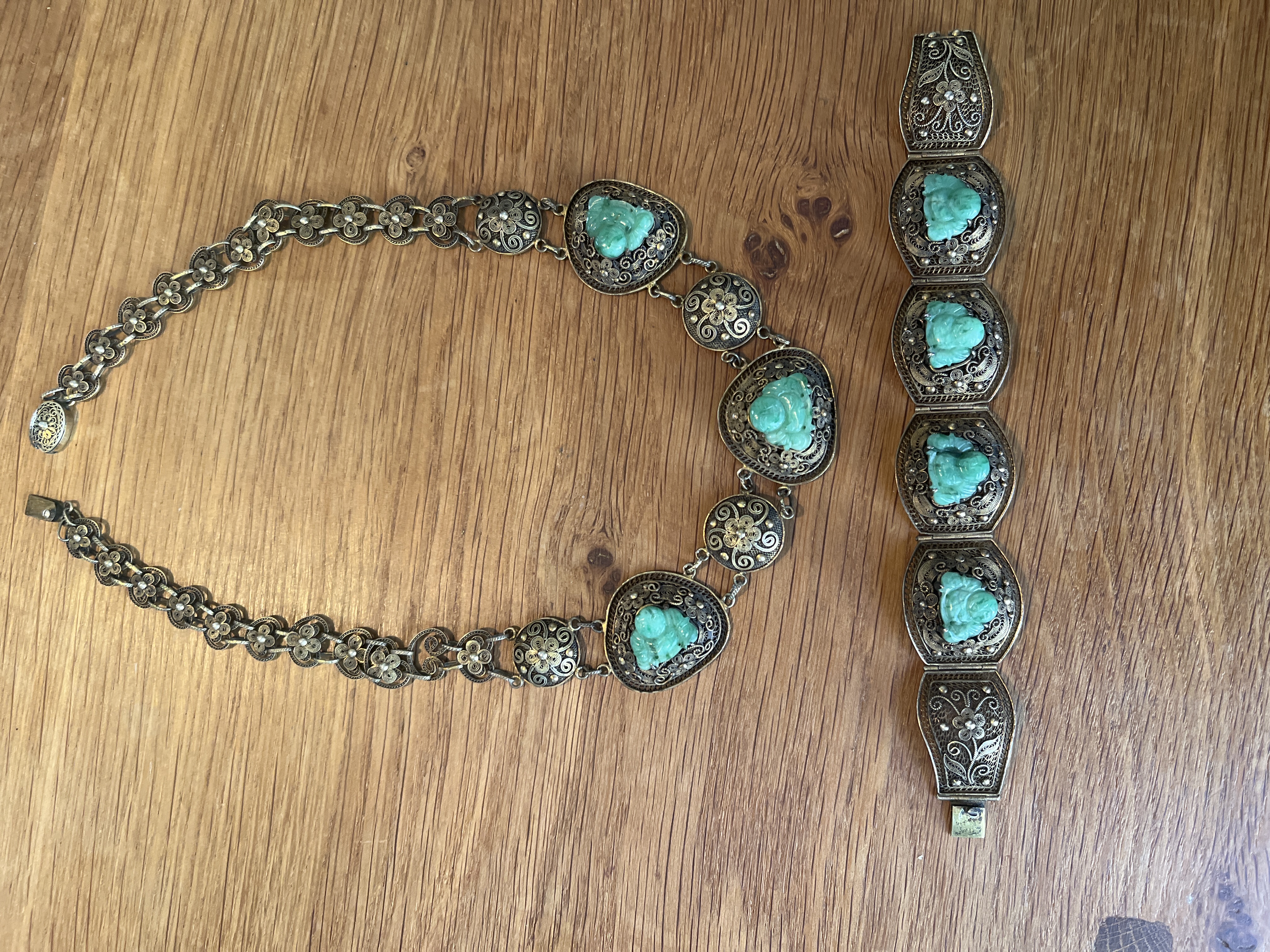Antique Chinese filigree with Buddhas - bracelet and necklace