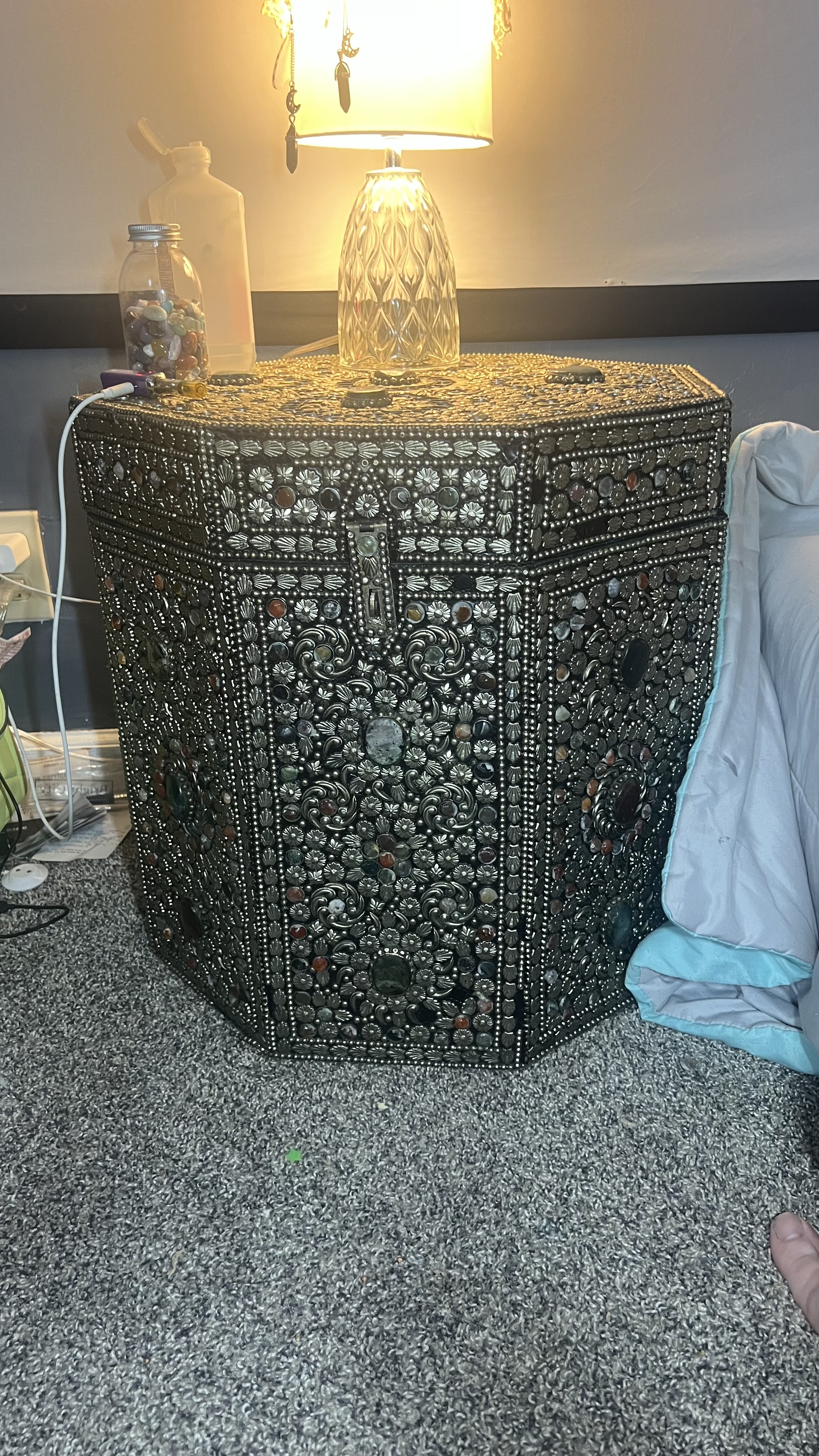 Vintage Moroccan gemstone inlaid dowry trunk