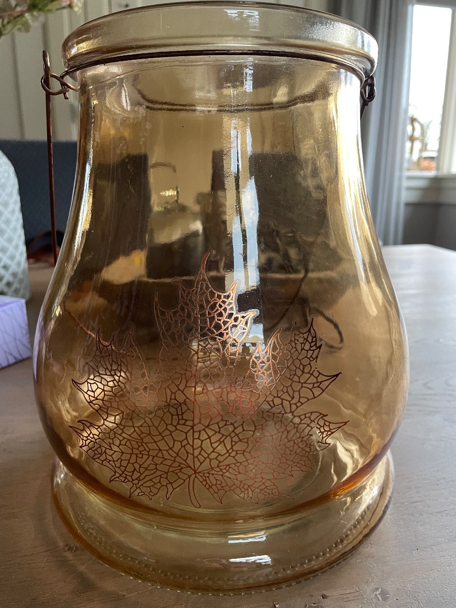 Amber Glass Lantern with Leaf Design