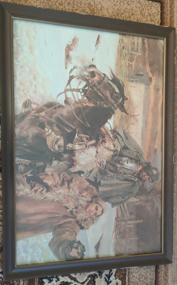 Framed Artwork Depicting a Horseman and Woman