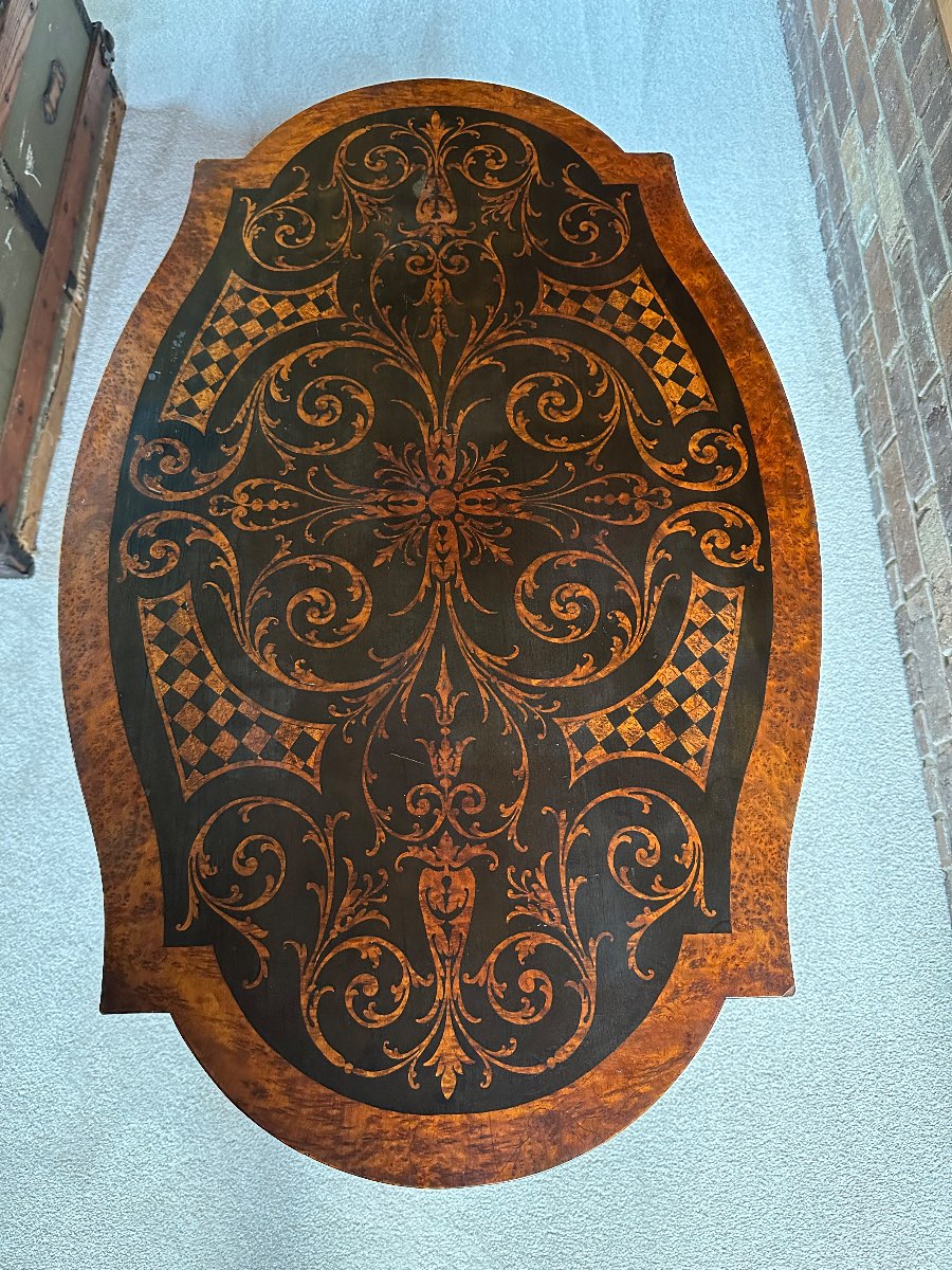 Marquetry table 38.5 x 23.5 x 22”Mid to late 29th century — appraisal value $400 - $600