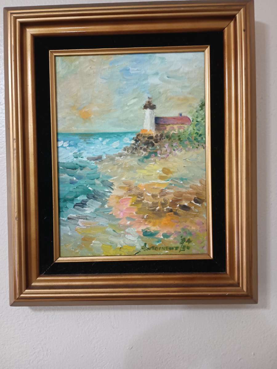 Coastal Lighthouse Oil Painting by Fredrik — appraisal value $150 - $250