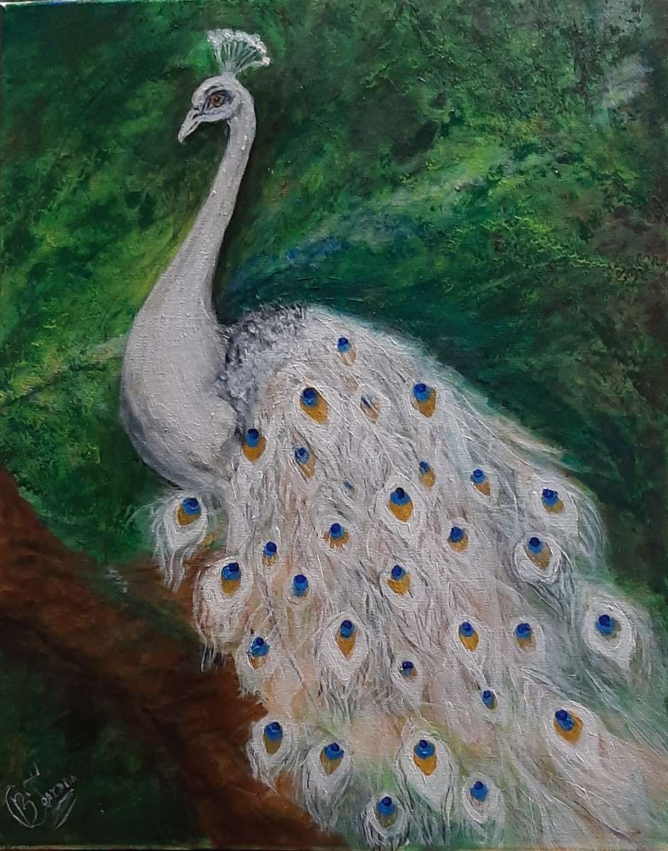 Oil Painting of a Peacock by B. Bansal — appraisal value $100 - $200