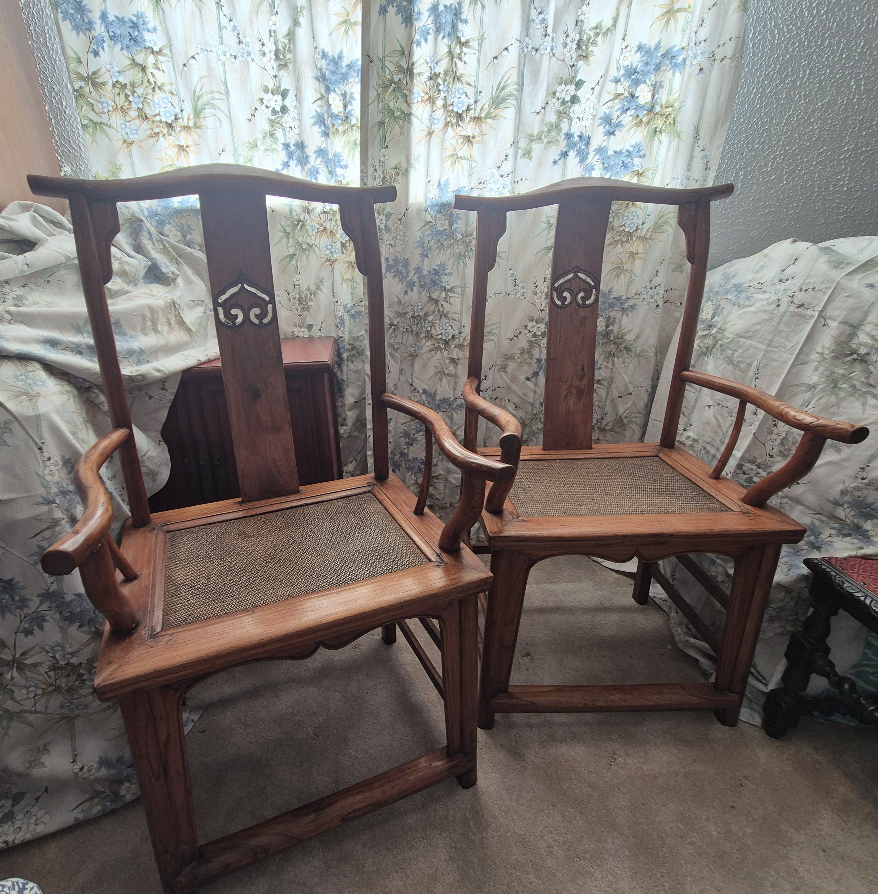 Pair of Antique Chinese "Official’s Hat" Scholar Chairs