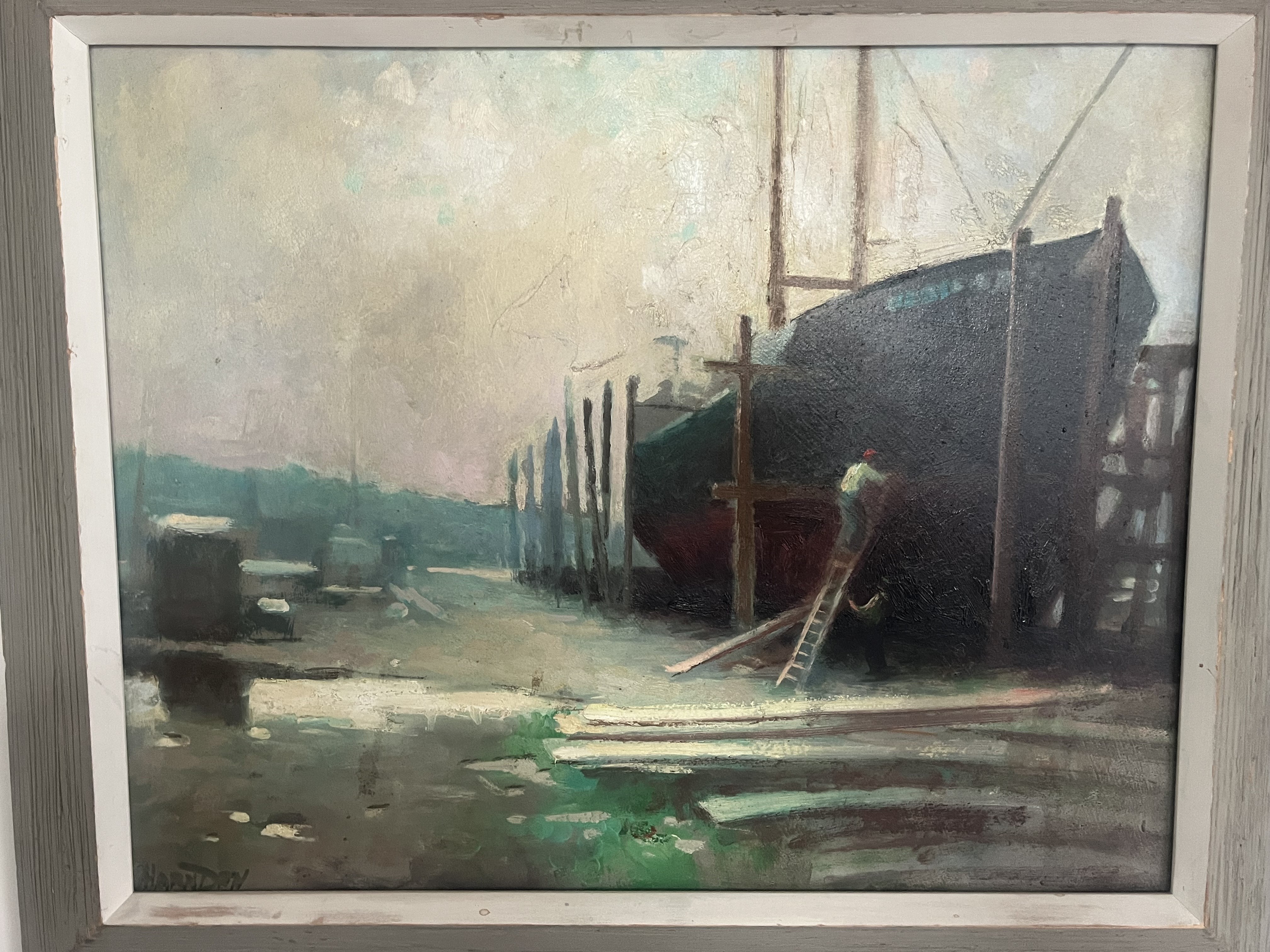 Oil Painting of Shipyard Scene