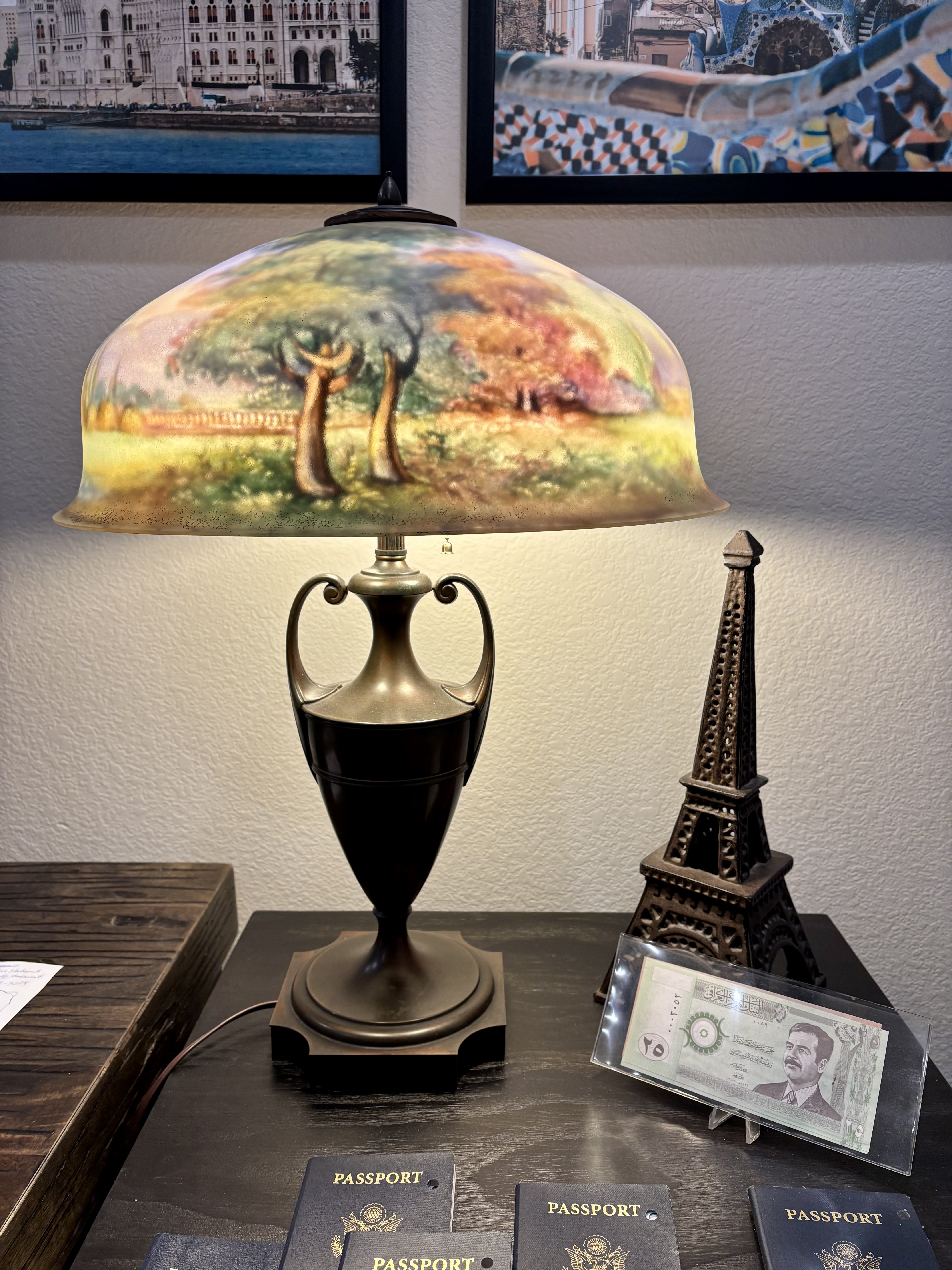 Signed W. Macy Reverse Painted Table Lamp