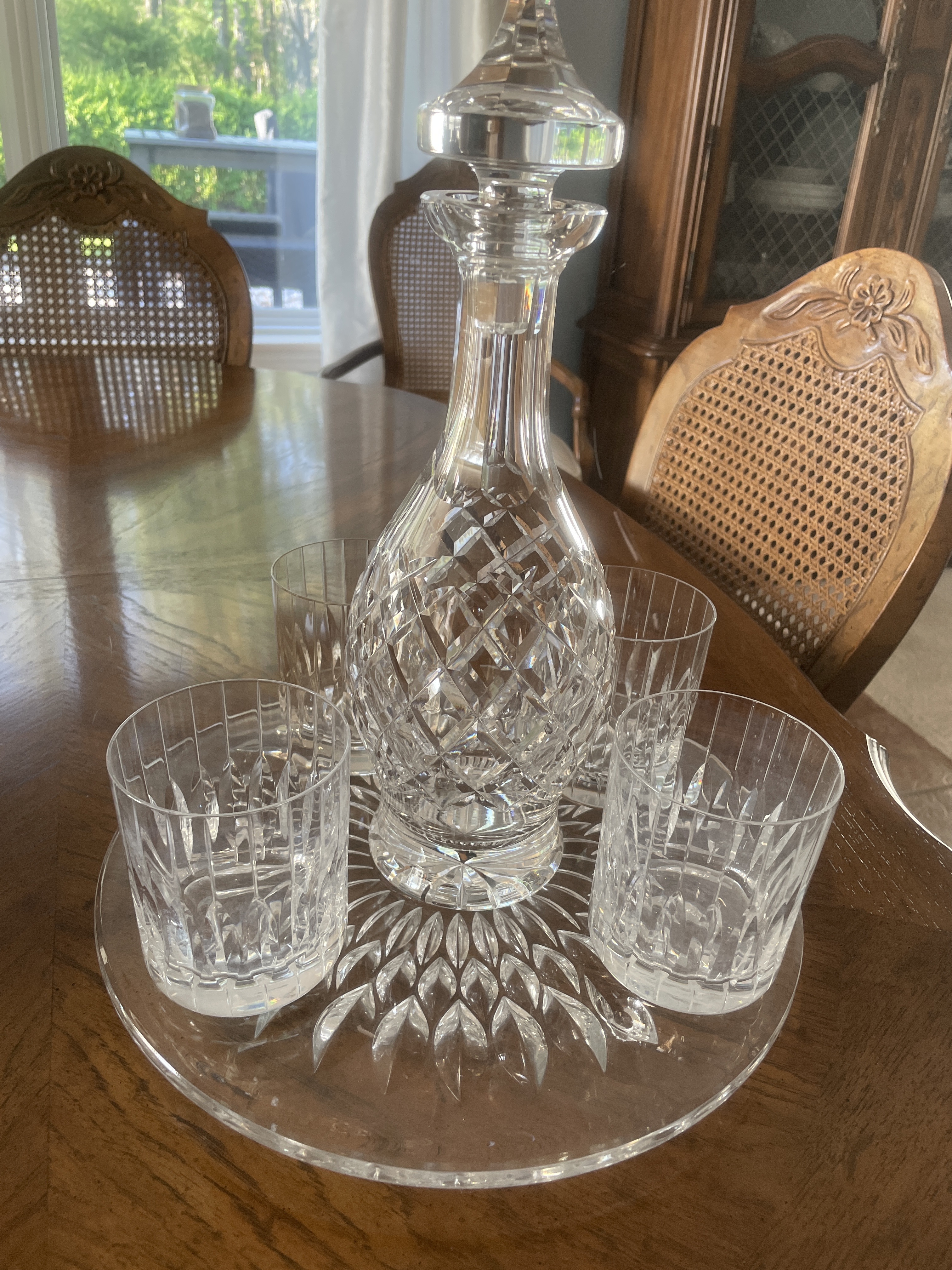 Heavy Crystal decanter, tray and 4 glasses 