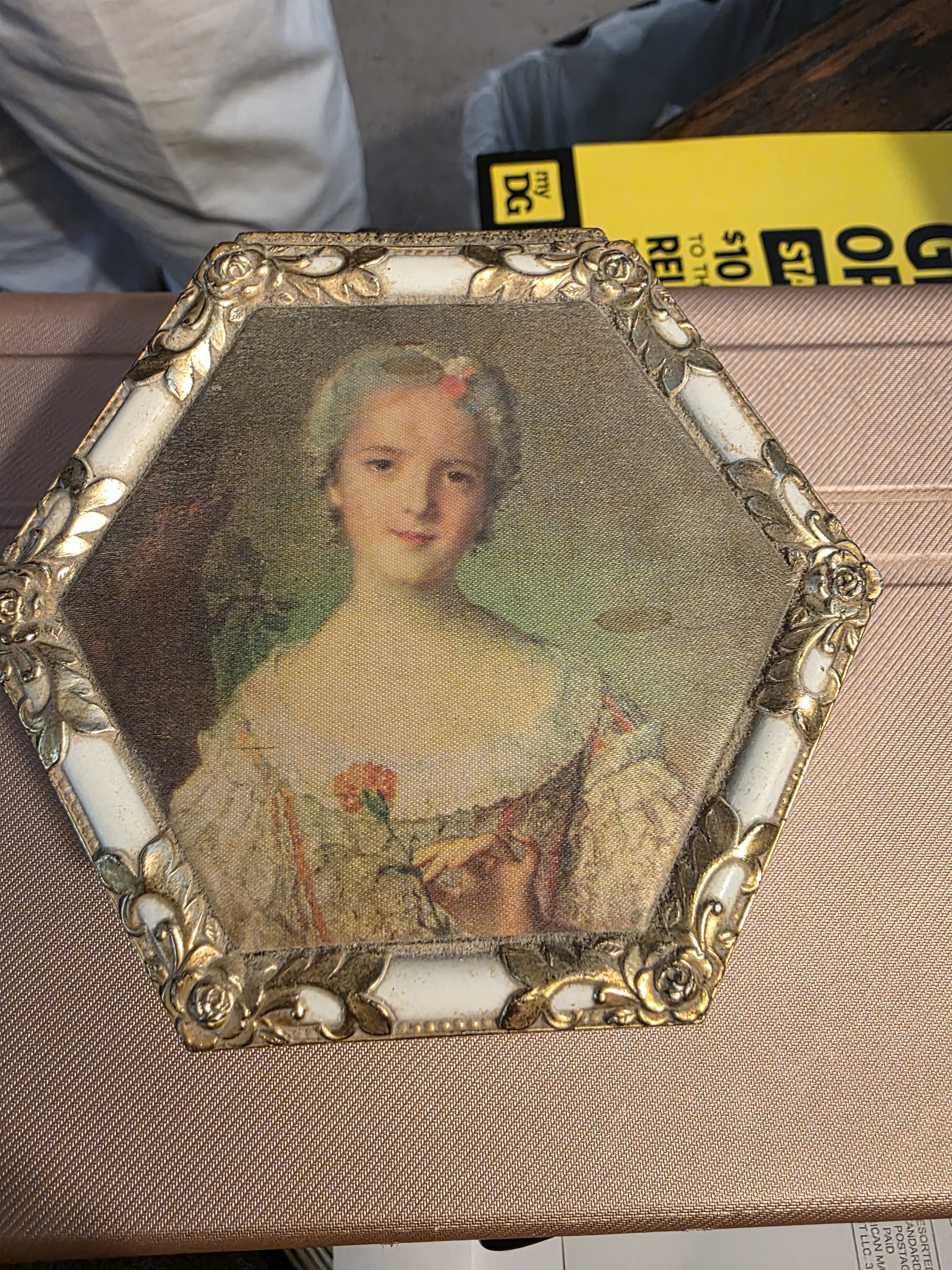 Antique Hexagonal Jewelry Box with Portrait Lid