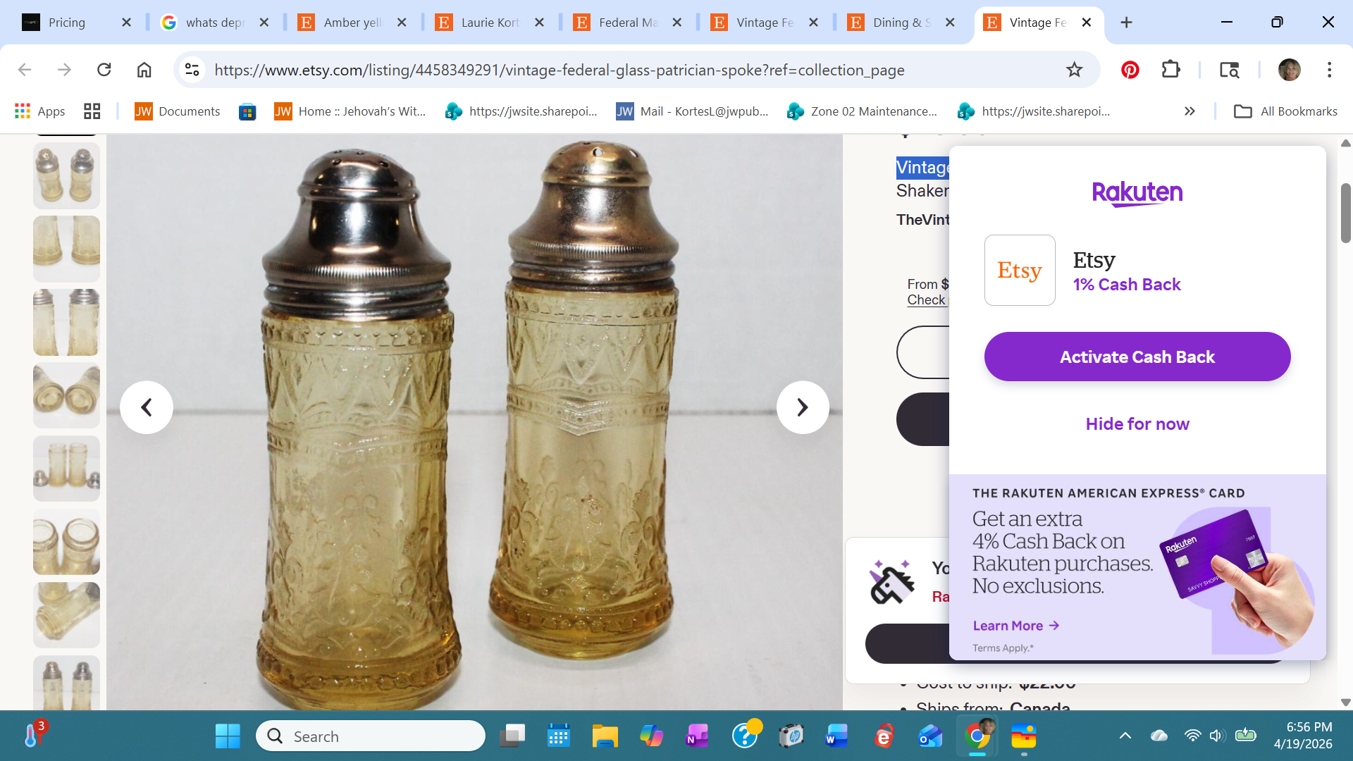 Set of Amber yellow Patrician Spoke depression glass salt & pepper shakers