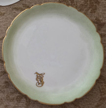 3 white plates 6.5" Diameter with 1" Lt Green outer ring plus Gold leaf around scalloped edge with Gold leaf initials on the plate