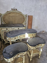 Set of bedroom furnitures: bed, bedside tables, demilune table, chest of drawers 