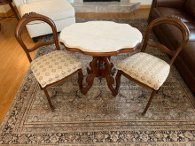 19th Century Victorian Walnut Table with Marble Top and 2 Chairs