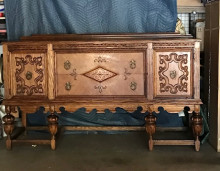 Antique Jackobean Oak Buffet sideboard, round inlaid parquet oak table with dragon head legs,
