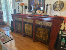 18th Century Handmade multi color buffet with hand painting on doors.Made in Gansu province.all solid wood and solid wood jointsd       by the Li family with their unscription on back side od buffet door.all solid wood p