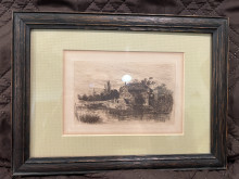 Etching of building on river with a bridge