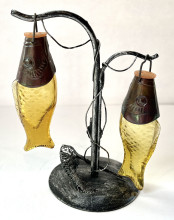 Vintage (MCM) Amber Glass Fish Salt and Pepper with Hanging Metal Tree Stand