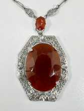 Vintage Art Deco Filigree Pendant Necklace Natural Carnelian Stone Estate Find