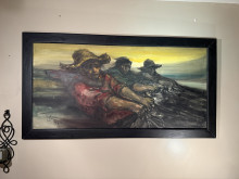 Salvador Cabrera - Oil On canvas 1969 30x60 Framed, Stretched Canvas Mexican Riders In The Desert