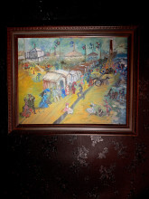Mid-Century Folk Modernist Painting Signed “Thomas” | Narrative Industrial Scene c 1950s