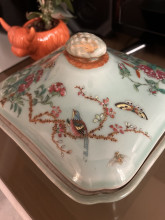 Vintage Chinese Style Porcelain Lidded Dish Floral Bird Design