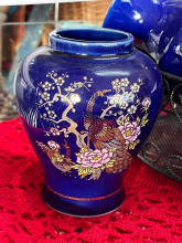 Cobalt Blue Vase with Floral and Bird Motif