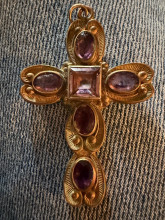 Art nouveau brass cross with purple glass stones