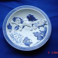 Blue white relief asian plate Foo Lion Dog