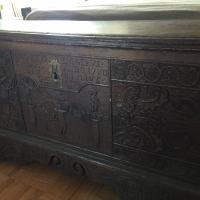 Antique Wood Spanish Trunk with Latin Inscriptions and Dated 1780